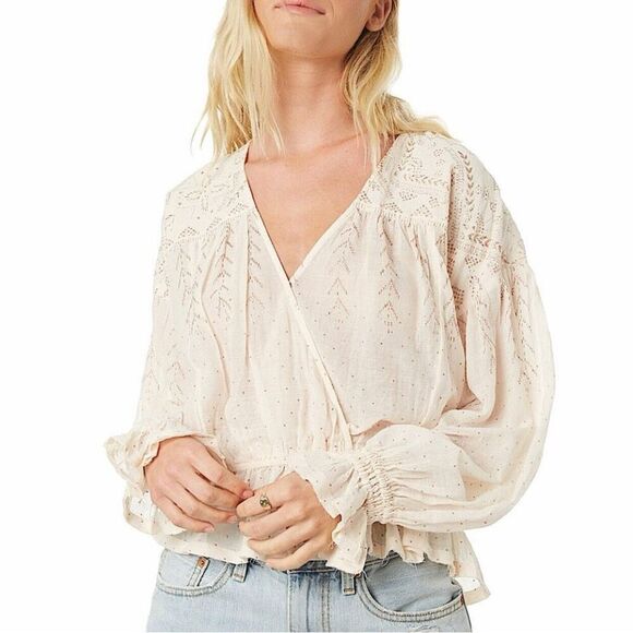 Free People Tops - Free People Snowy Sand Metallic Crossover Front Long Sleeve Blouse Cream Size XS